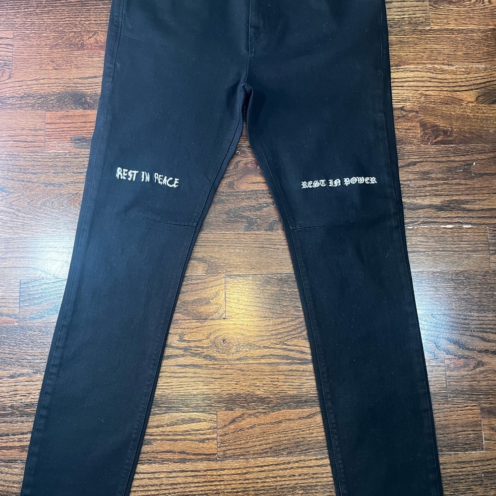Black Graphic Pants with White Text
